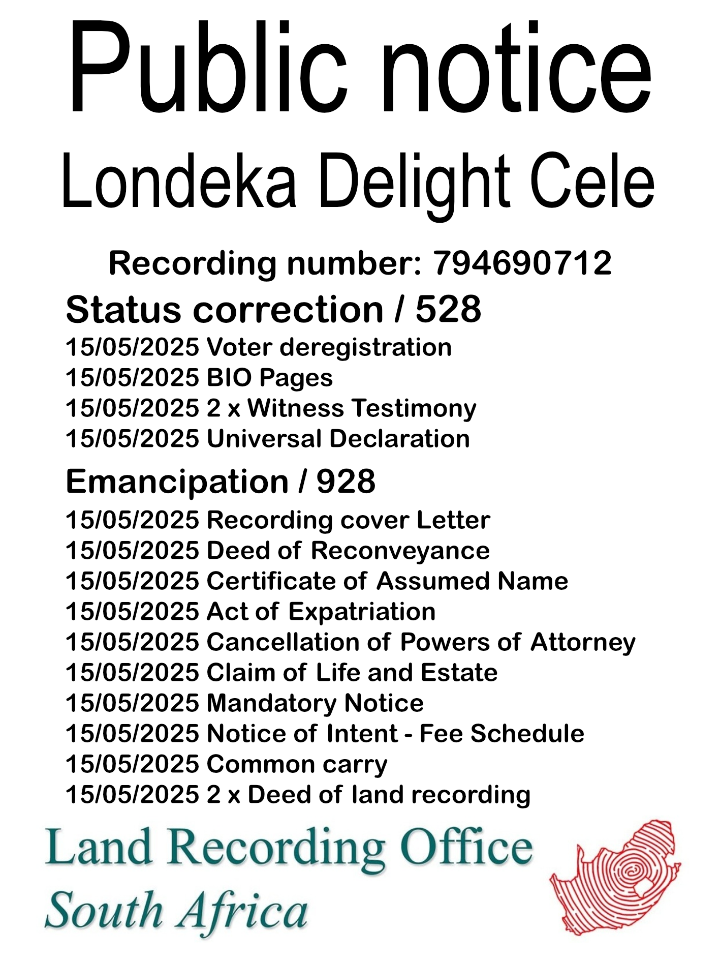 Public Notice Londeka Delight Cele (c) Recording number 794690712